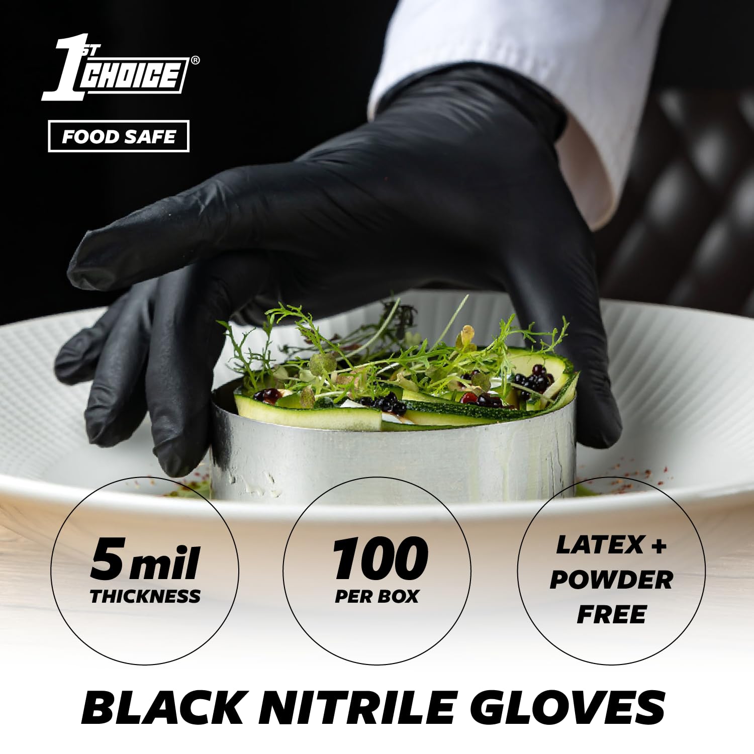 1st Choice Nitrile Gloves Disposable Latex-Free, Black, 5 Mil for Cooking, Cleaning, Auto, Food Prep, Medium, Box of 100