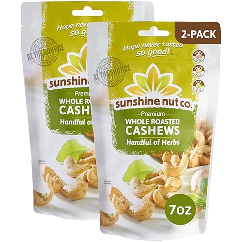 Sunshine Nut Company Whole Roasted Lightly Salted Cashews, Handful of Herbs Flavor, 2 Pack, 7 oz. Each, Gluten Free, Peanut Free and Vegan Individual