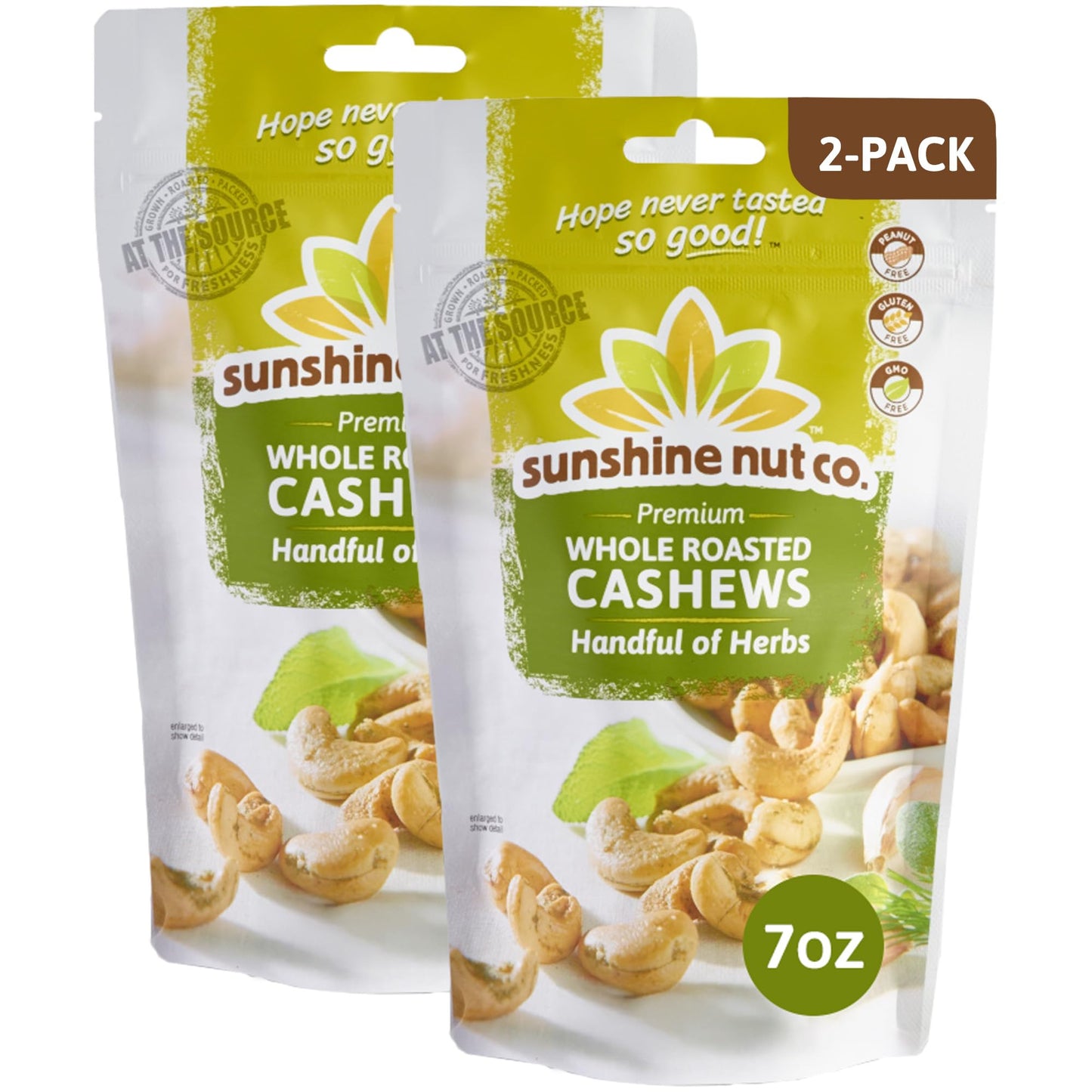 Sunshine Nut Company Whole Roasted Lightly Salted Cashews, Handful of Herbs Flavor, 2 Pack, 7 oz. Each, Gluten Free, Peanut Free and Vegan Individual