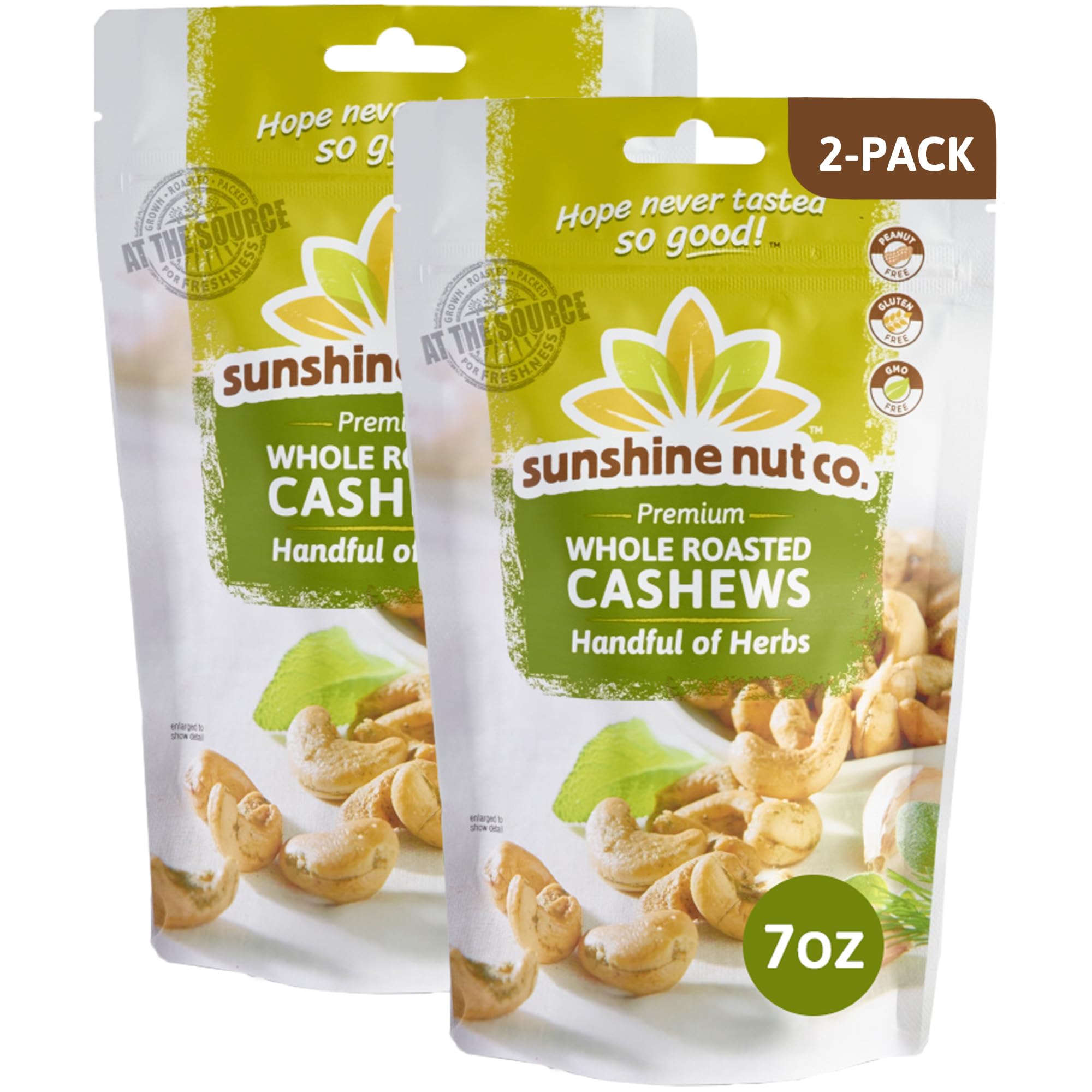 Sunshine Nut Company Whole Roasted Lightly Salted Cashews, Handful of Herbs Flavor, 2 Pack, 7 oz. Each, Gluten Free, Peanut Free and Vegan Individual