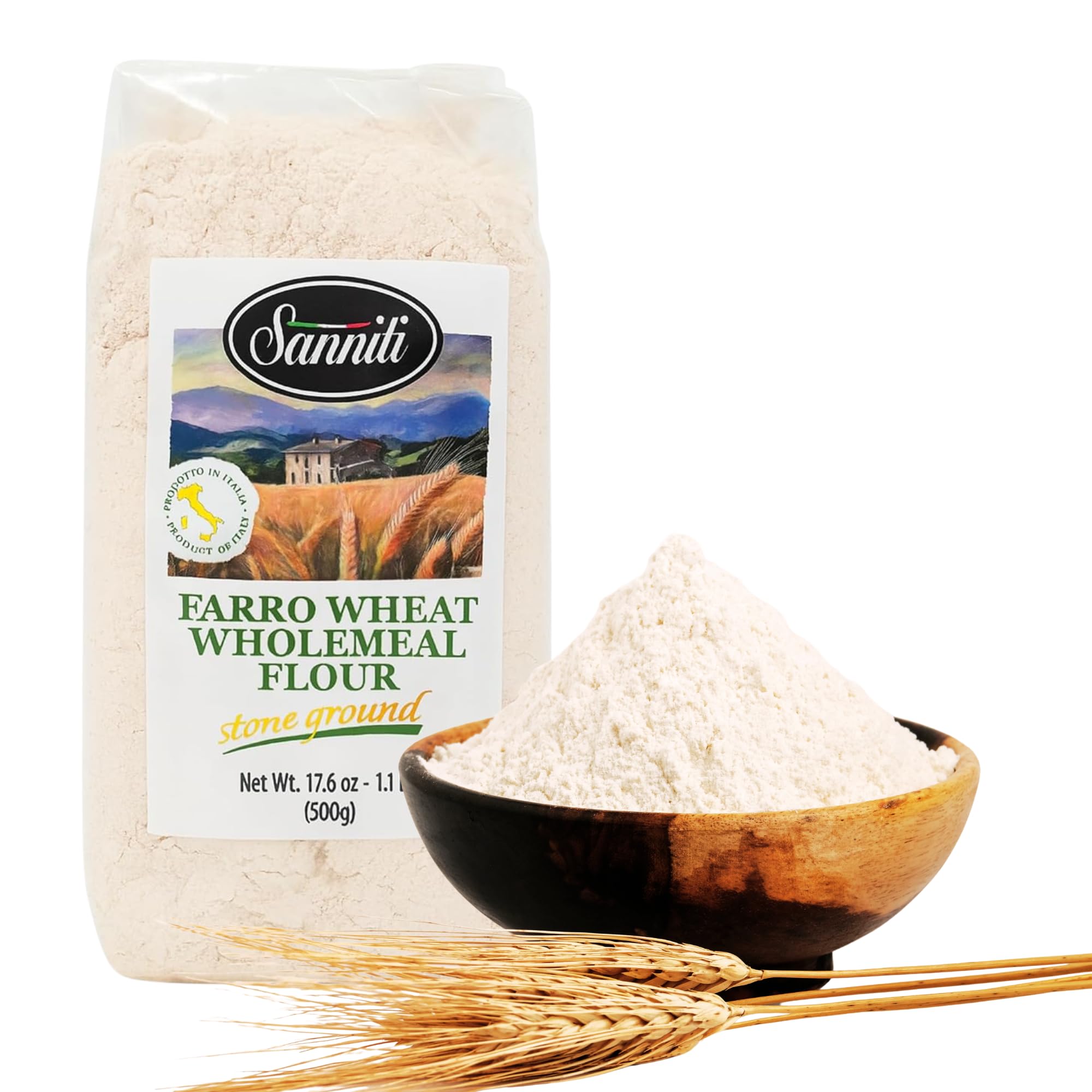 Sanniti Farro Wheat Wholemeal Flour, Stone Ground - 17.6 oz (500g) Bag - Premium Ancient Grain Flour, Product of Italy
