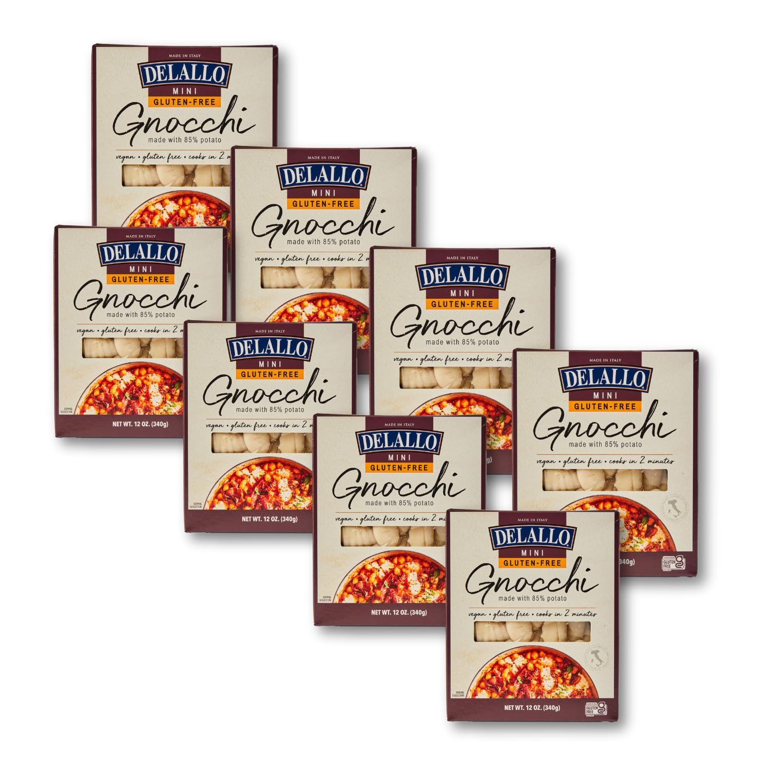 DeLallo Gluten-Free Mini Gnocchi Pasta, 12 Ounce Box, 8 Pack, Non-GMO, Made with Potato Puree and Rice Flour, Vegan