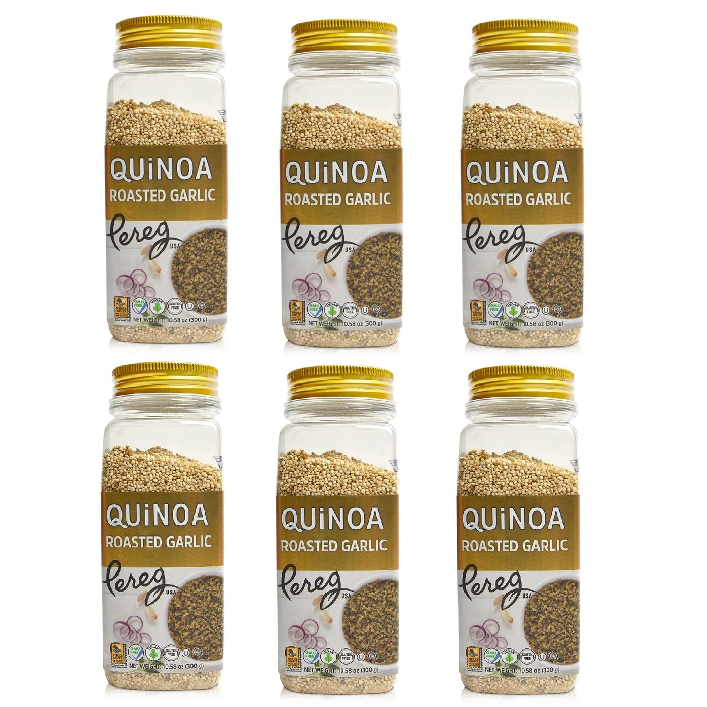 Pereg Seasoned Quinoa Roasted Garlic, (10.58 Oz x 6 pack), Pre-Washed Whole Grain Quinoa Flavored with Garlic, Vegan, Gluten Free Grain, Rice & Pasta Alternative, Weight Loss Friendly & Healthy Snack