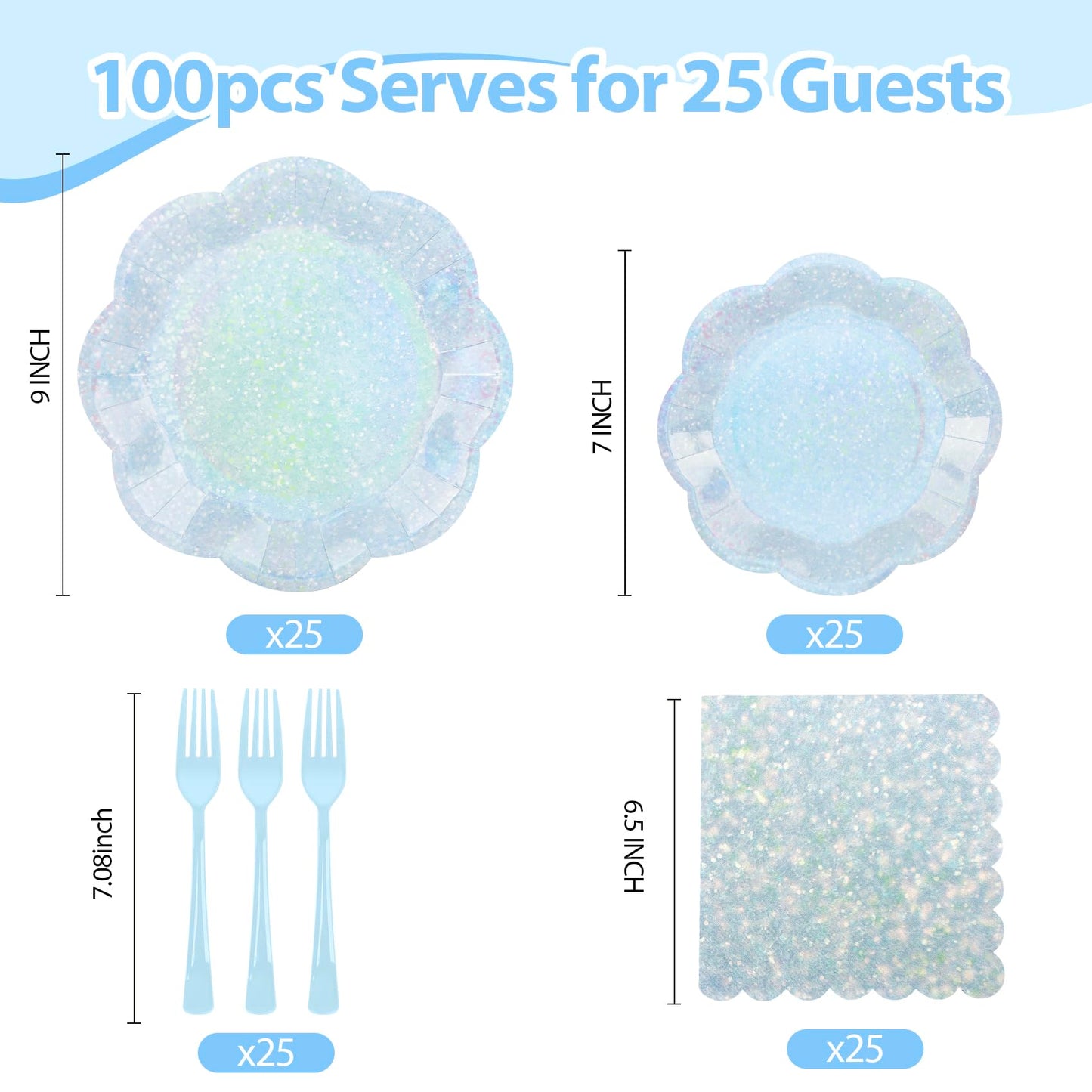 100pcs Blue Paper Plates and Napkins Party Supplies,Iridescent Disposable 9inch Plates,7inch Dessert Plates and Napkins and Forks,Holographic