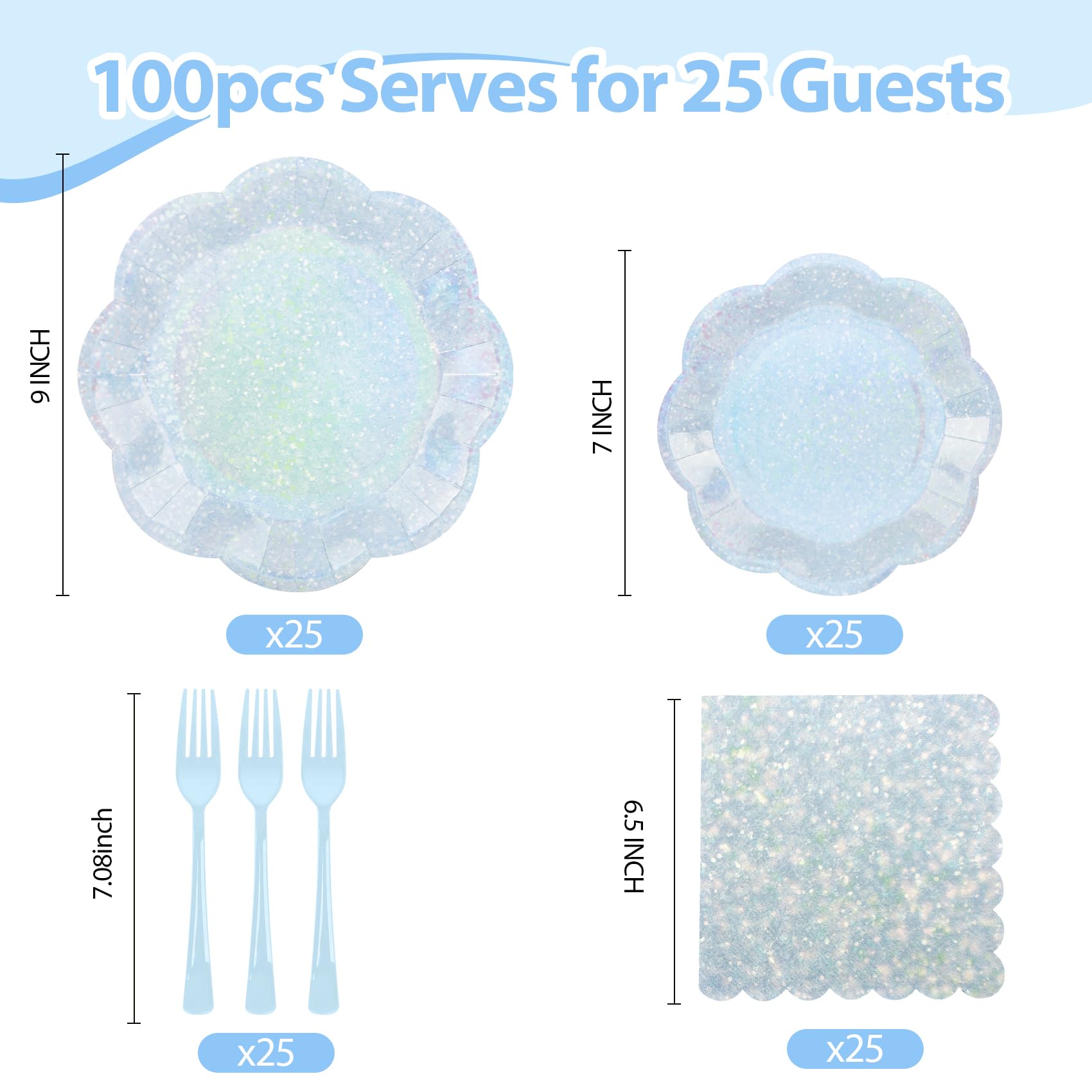 100pcs Blue Paper Plates and Napkins Party Supplies,Iridescent Disposable 9inch Plates,7inch Dessert Plates and Napkins and Forks,Holographic