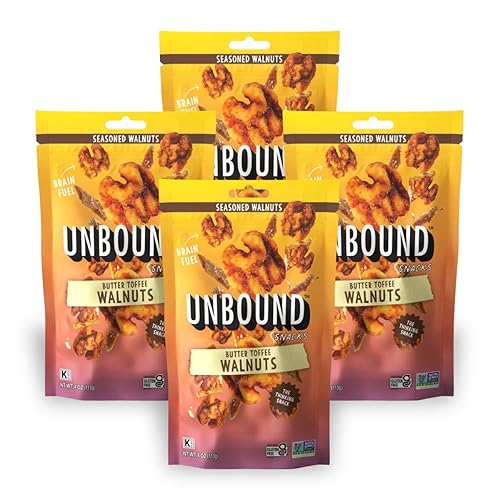 Unbound Snacks Flavored Nuts - Butter Toffee Walnuts, 4 oz (Pack of 4) - Healthy Snacks, 4g Protein, 3g Sugar, High in Omega 3, Gluten Free, Vegan