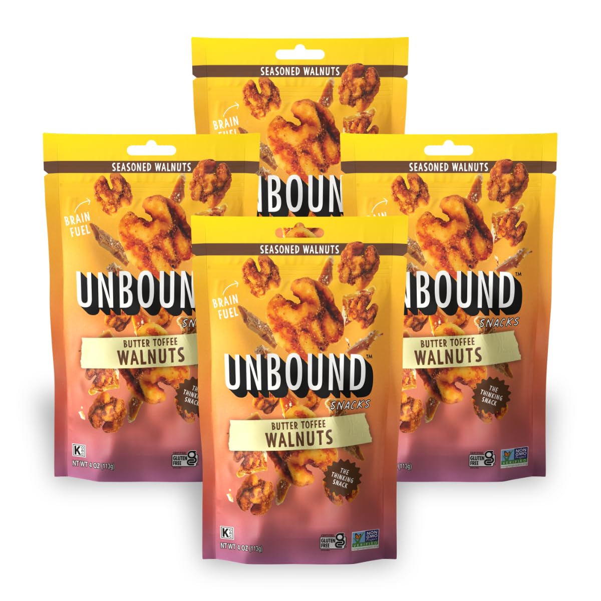 Unbound Snacks Flavored Nuts - Butter Toffee Walnuts, 4 oz (Pack of 4) - Healthy Snacks, 4g Protein, 3g Sugar, High in Omega 3, Gluten Free, Vegan