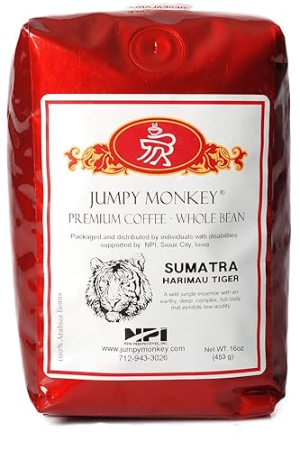 Jumpy Monkey® Coffee Sumatra Harimau Tiger Blend - Medium Roast, 100% Arabica, Whole Bean Coffee, For Cold Brew, French Press, Espresso Machine, 16