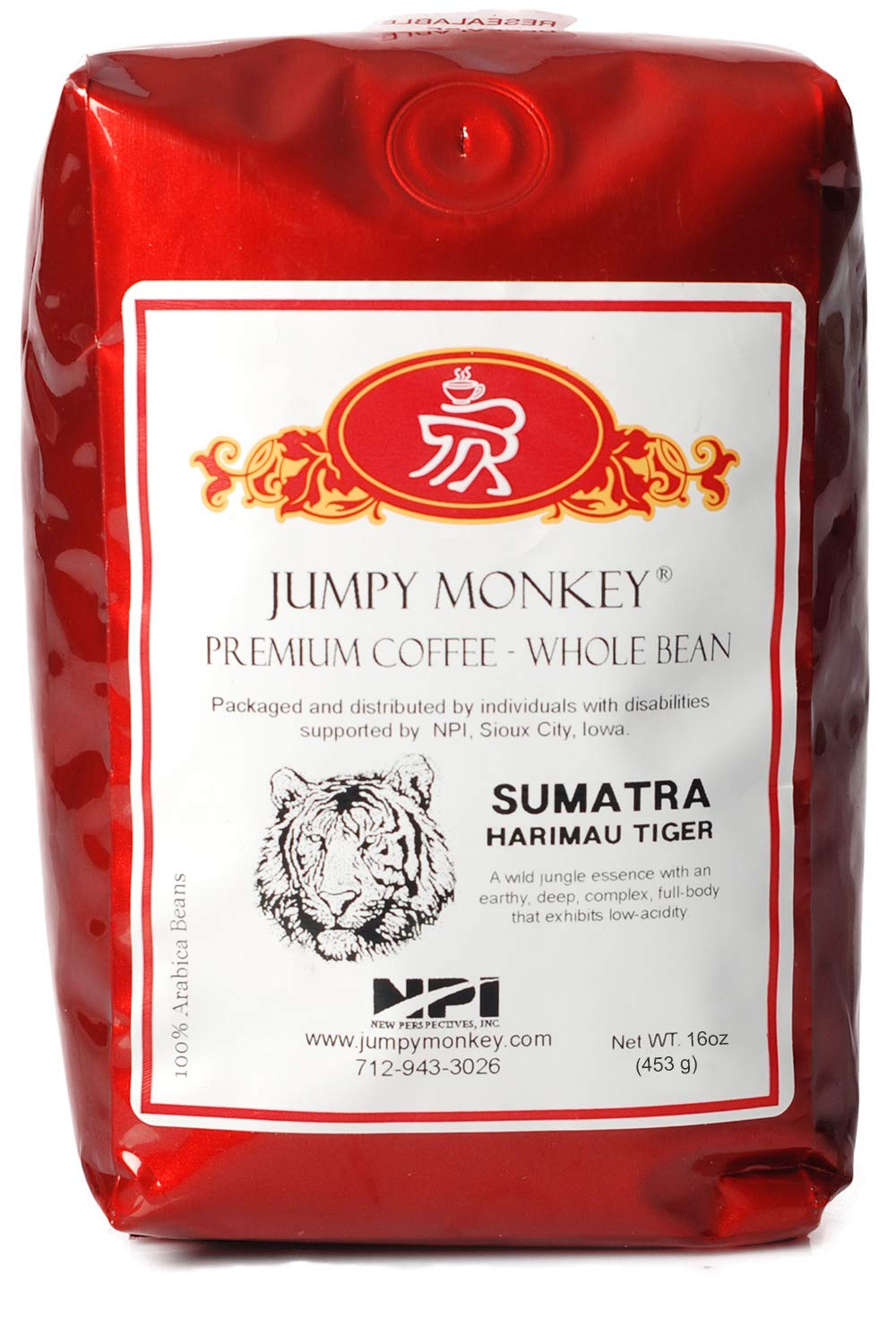 Jumpy Monkey® Coffee Sumatra Harimau Tiger Blend - Medium Roast, 100% Arabica, Whole Bean Coffee, For Cold Brew, French Press, Espresso Machine, 16