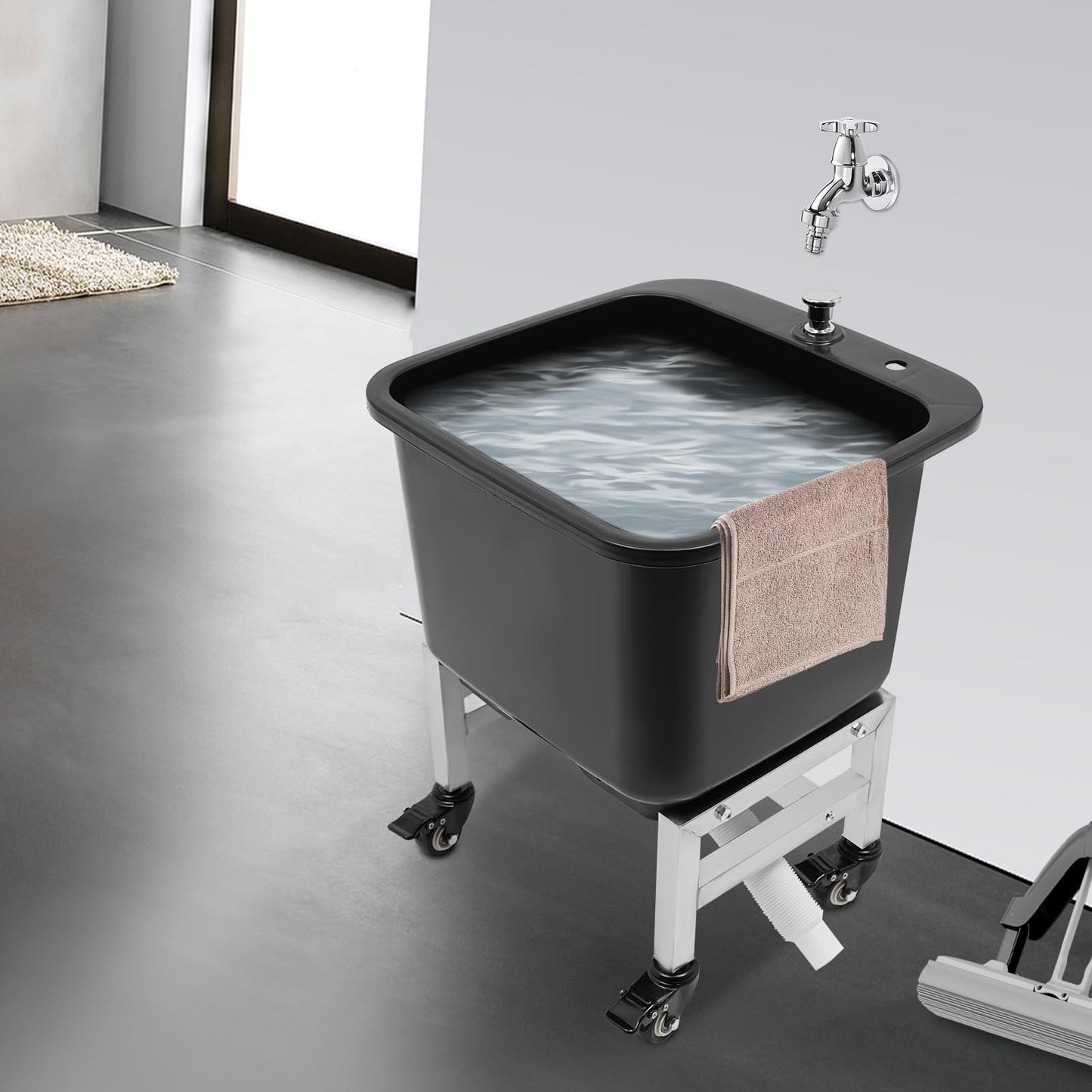 Commercial Mop Sink with Wheels, Freestanding Mops Basket Plastic Mop Bains with Drain Botton, Portable Mop Buckets for Home Bathroom Kitchen