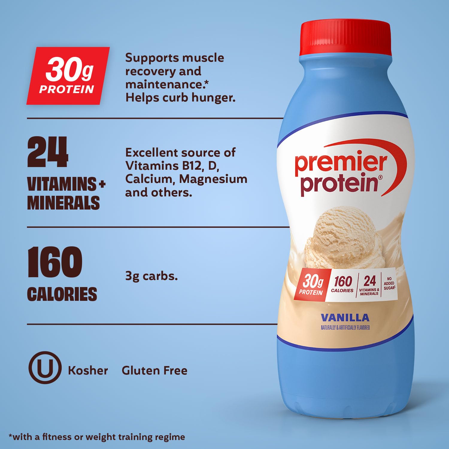 Premier Protein Shake, Vanilla, 30g Protein, No Added Sugar, 24 Vitamins & Minerals to Support Immune Health, 11.5 fl oz, 12 Pack
