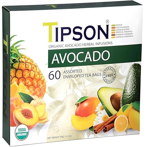 Tipson Organic Avocado Variety Sampler - 6 Flavors (60 Tea Bags), Herbal Tea Infusions - USDA Organic, Non GMO, and Gluten Free