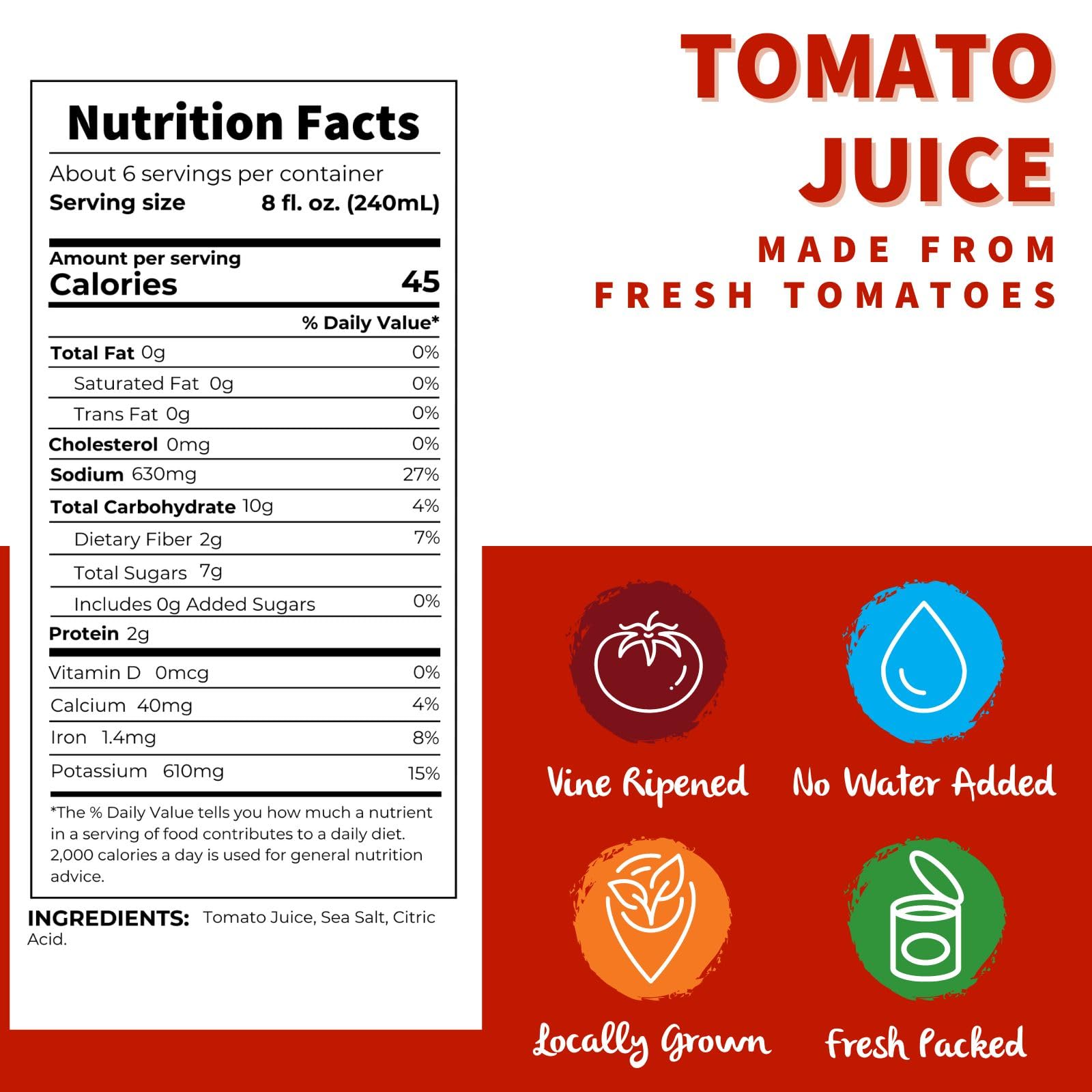 Dei Fratelli Tomato Juice, Vine Ripened Not from Concentrate, 46oz (6 pack)