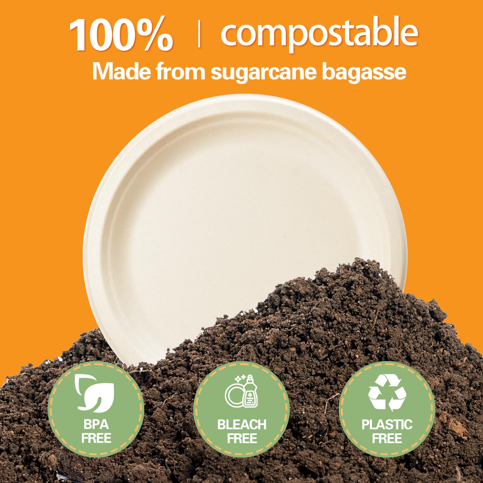 yeehigh 100% Compostable Paper Plates, 9 Inch-50 Pack, Heavy Duty Sugarcane Bagasse Plate, Natural Uncoated and Unbleached Dinnerware, suitable
