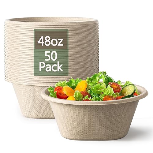 Homestockplus 48 Oz Disposable Bowls - Heavy Duty and Compostable Bowl - Made from Sugarcane and Bamboo Fibers, Microwave Safe - Large Paper Bowl