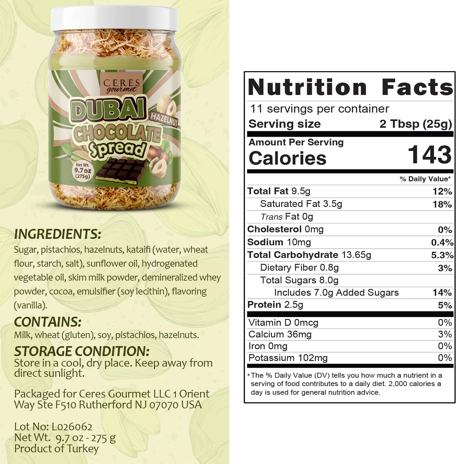 Ceres Gourmet Dubai Chocolate Crunchy Spread with Roasted Hazelnut Pieces, Spoonful Chocolate Snack with Crispy Kataifi and Smooth Pistachio Cream
