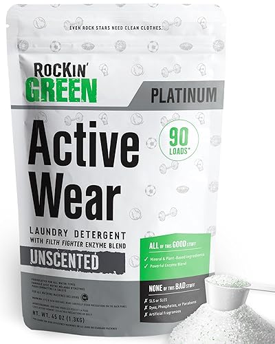 Rockin’ Green Active Wear Laundry Detergent - Unscented Laundry Detergent Powder & Odor Eliminator - Workout Clothes & Sportswear - Safe for Sensitive