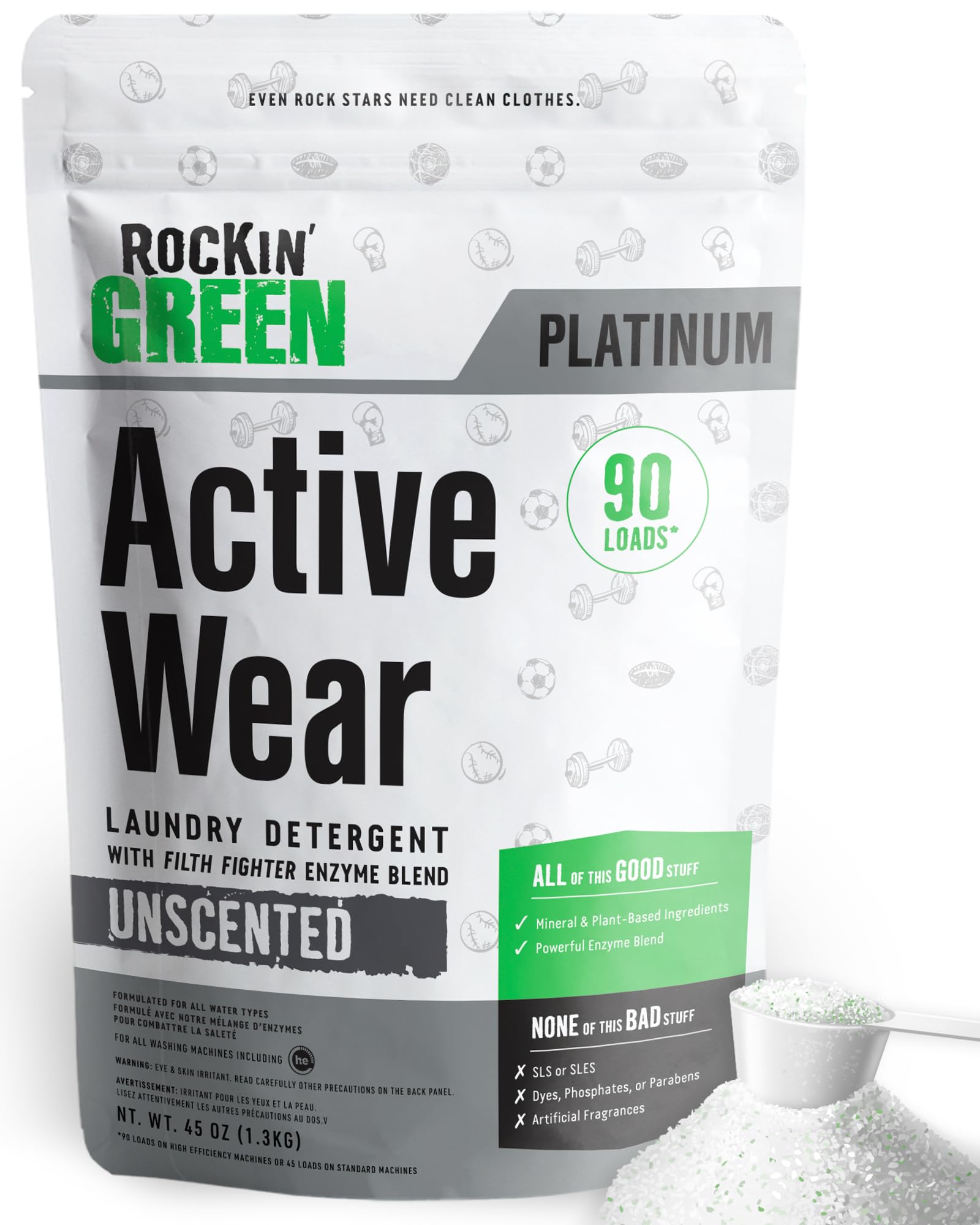 Rockin’ Green Active Wear Laundry Detergent - Unscented Laundry Detergent Powder & Odor Eliminator - Workout Clothes & Sportswear - Safe for Sensitive