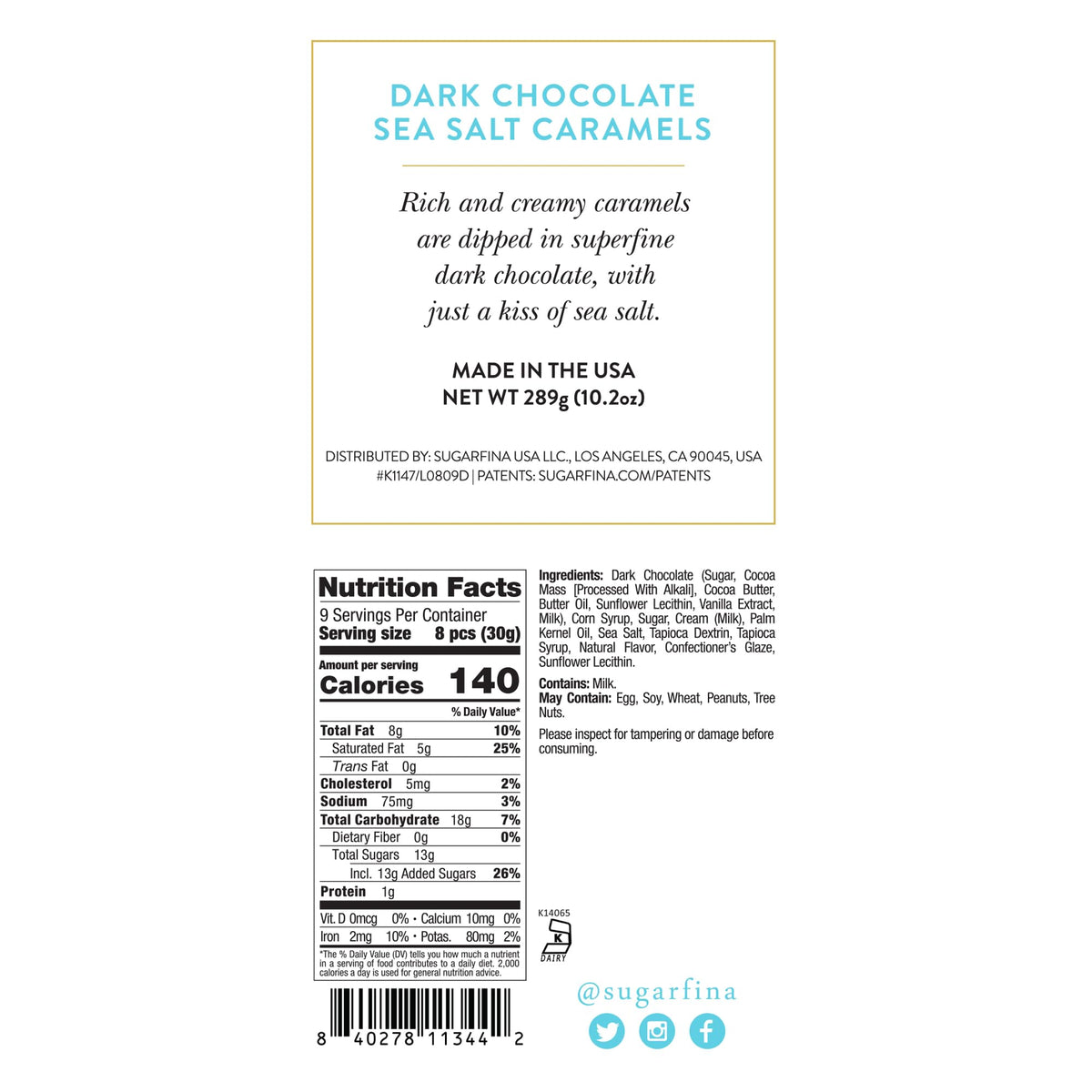 Sugarfina Dark Chocolate Sea Salt Caramels Large Candy Cube, Chocolate Bites, 10.2 oz, 2 Count