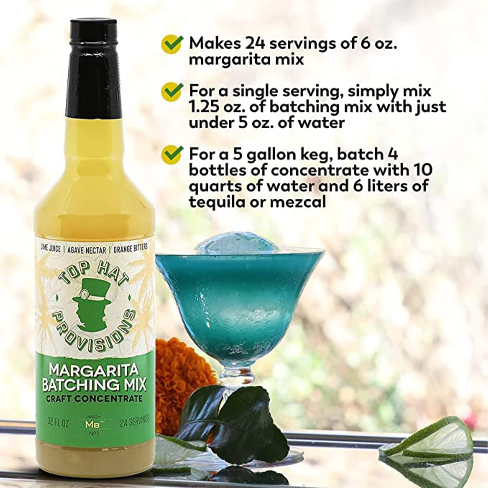 Top Hat Agave Margarita Batching Mix & Frozen Margarita Concentrate - Handcrafted with Organic Agave Nectar & Lime Juice - Batch Margaritas on Draft