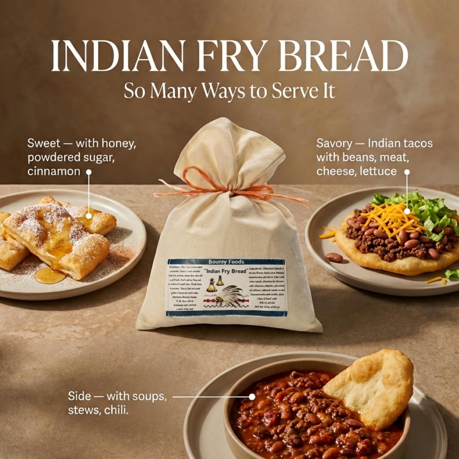 Bounty Foods Indian Fry Bread Mix 16 oz - Authentic Montana-Made Native Flatbread Blend in Western-Style Burlap Bag - Perfect for Navajo Tacos