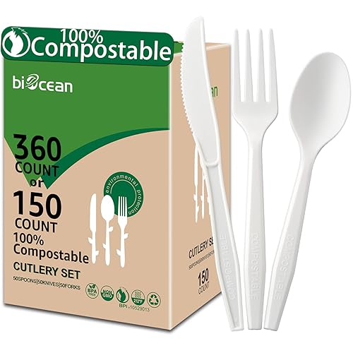 BIOCEAN 100% Compostable No Plastic Utensils - Heavy Duty Eco-Friendly Flatware for Lounge, Party, Wedding, BBQ, Picnic, Camping [Utensils Set, 360