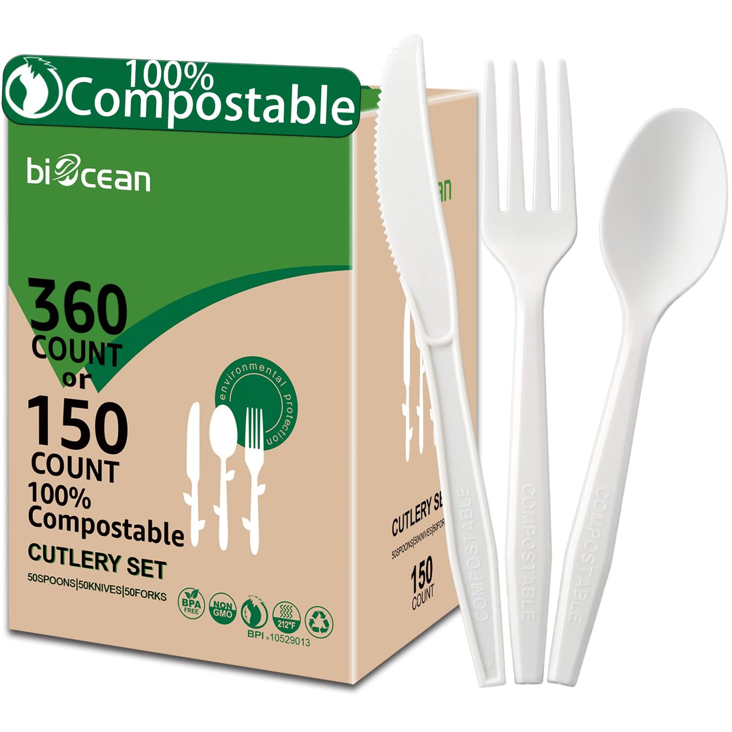 BIOCEAN 100% Compostable No Plastic Utensils - Heavy Duty Eco-Friendly Flatware for Lounge, Party, Wedding, BBQ, Picnic, Camping [Utensils Set, 360