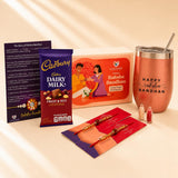 LOVENSPIRE Traditional Rudraksha Rakhi Gift Hamper for Brother & Bhabhi - Adjustable Rakhi Bracelet with Tumbler, Chocolates, Roli Chawal & Card