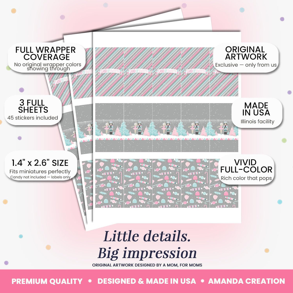 Nutcracker Land of Sweets Miniature Chocolate Candy Bar Sticker Wrappers, 45 Wrap Around Labels Sized 1.4" x 2.6" by AmandaCreation, Great for Holiday