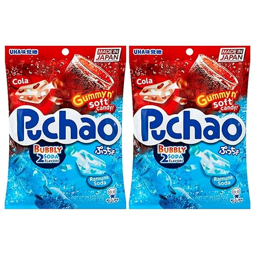 Puchao Japanese Gumming Soft Candy Variety Pack, Soda and Ramune Flavors, Unique Chewy Candy with Juicy Gummy Bits Pack of 2, Product of Japan (Cola