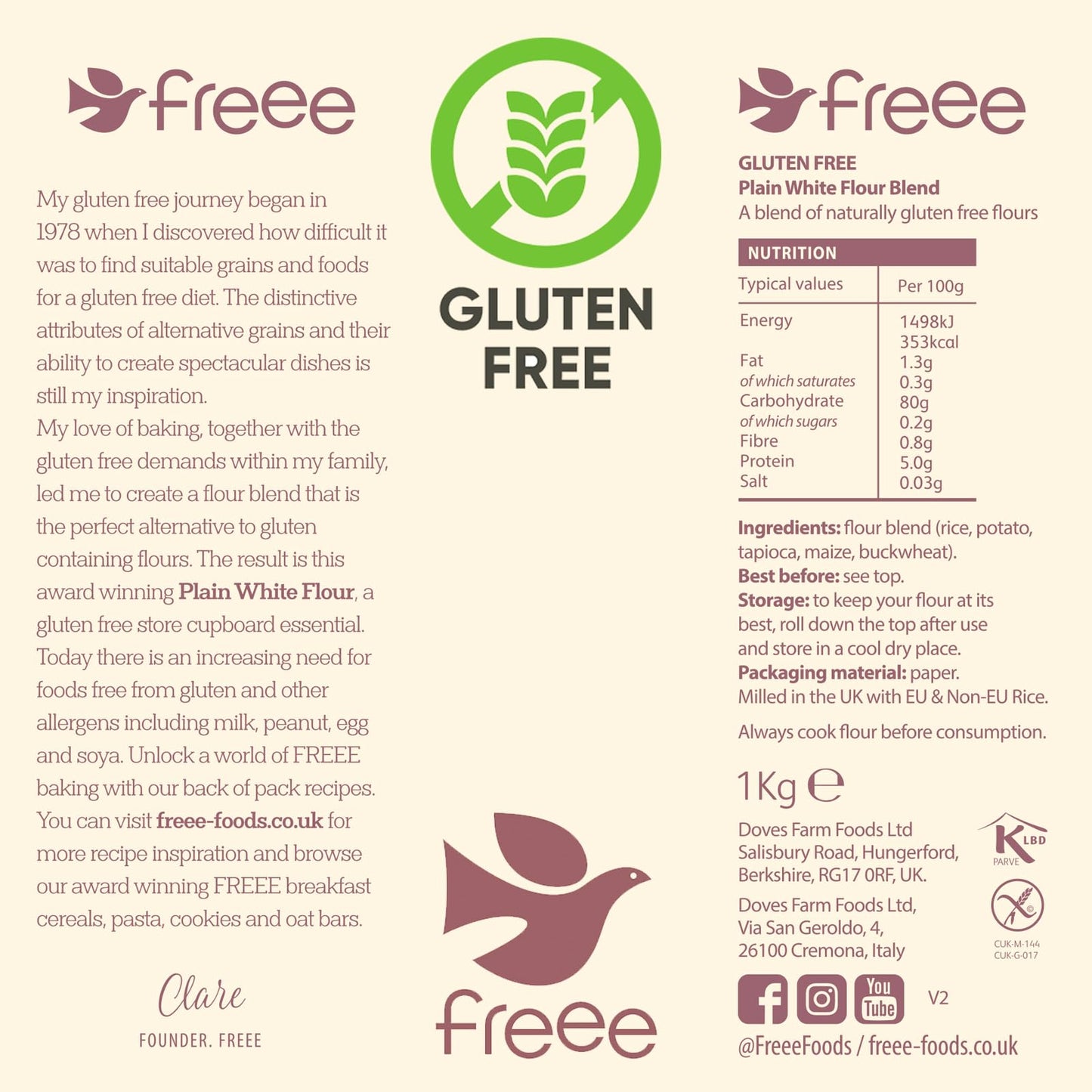 freee Plain White Flour Bag 2.2 lb (1 kg) | Gluten Free All-Purpose Flour Blend for Baking Bread, Cakes, Pastries & Cookies | Vegan, Kosher, Halal