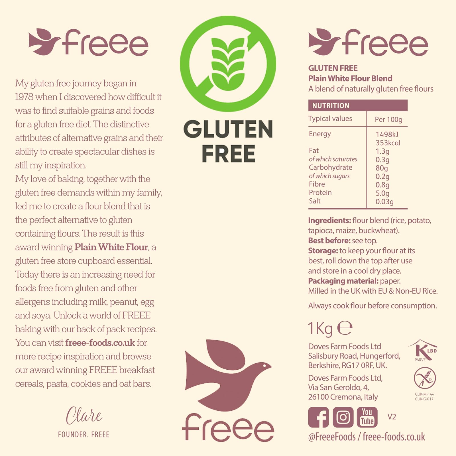 freee Plain White Flour Bag 2.2 lb (1 kg) | Gluten Free All-Purpose Flour Blend for Baking Bread, Cakes, Pastries & Cookies | Vegan, Kosher, Halal