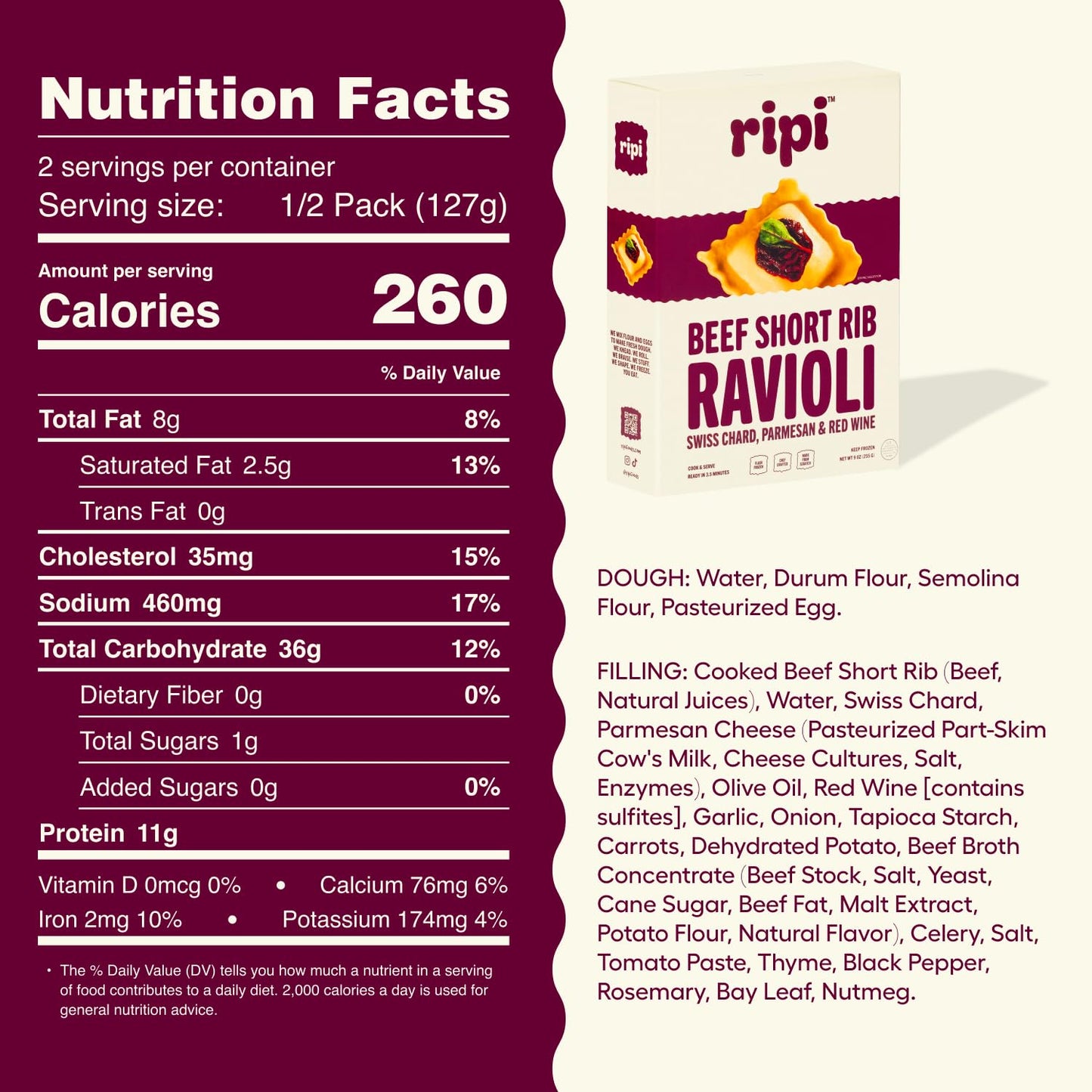 Ripi Braised Short Rib Ravioli - Red Wine, Swiss Chard & Parmesan - Frozen Pasta Meal - Ready in Under 5 Minutes, 9oz, Pack of 12