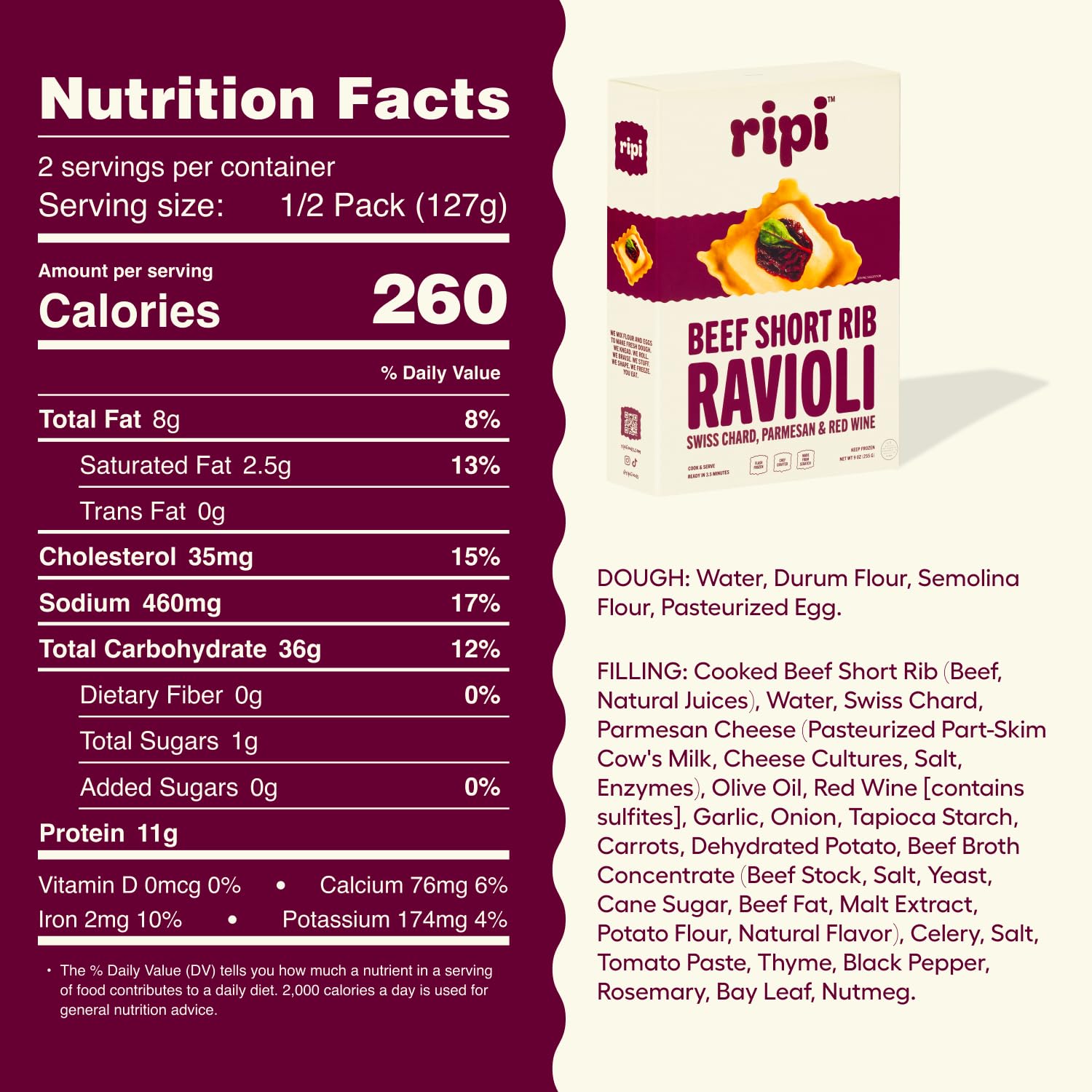 Ripi Braised Short Rib Ravioli - Red Wine, Swiss Chard & Parmesan - Frozen Pasta Meal - Ready in Under 5 Minutes, 9oz, Pack of 12