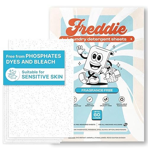 Freddie Low-Waste Laundry Detergent Sheets - Jug Free Format - Pre-Measured Strips - 60 Loads - Unscented for Sensitive Skin