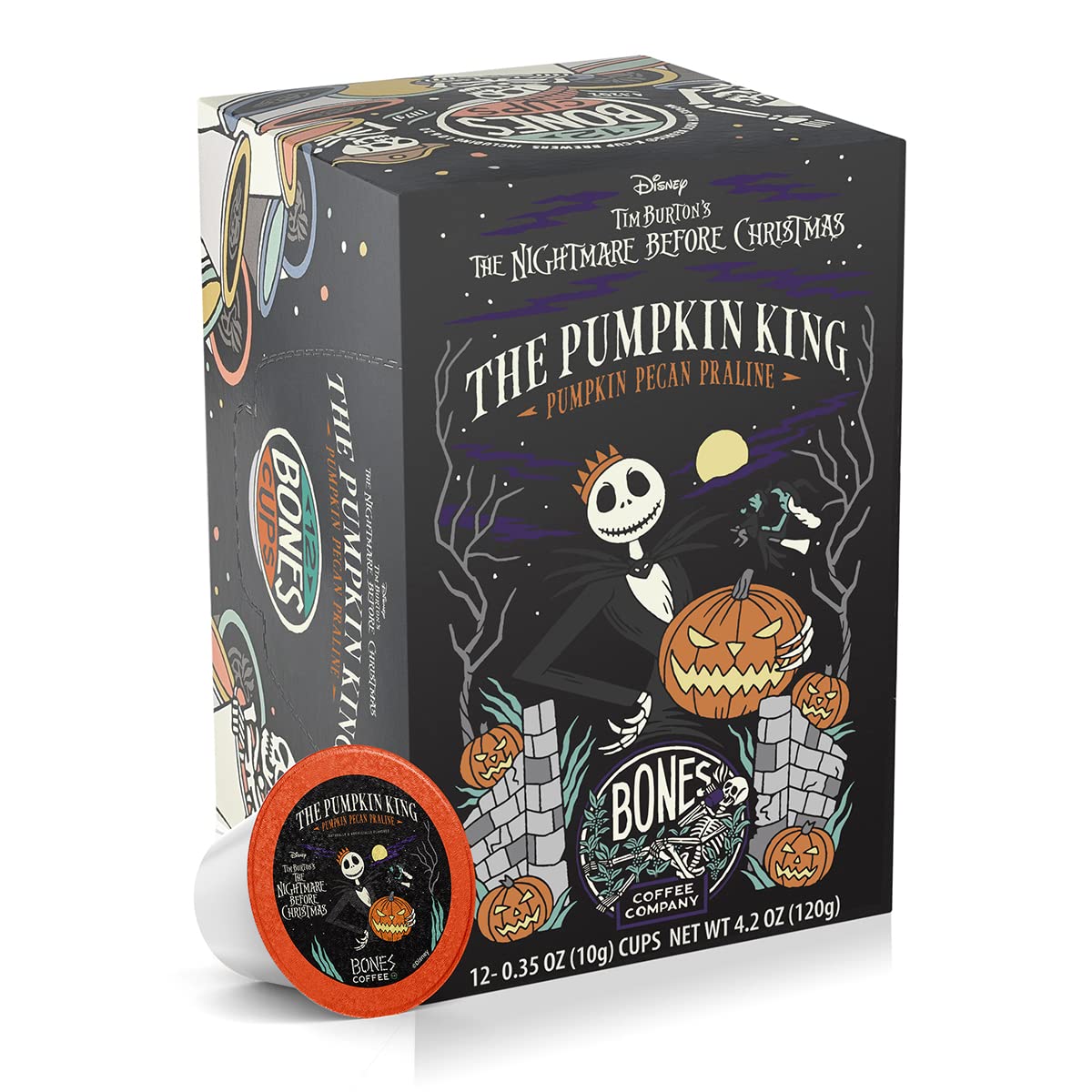 Bones Coffee Company Pumpkin King, Pumpkin Pecan Praline Flavored Coffee Pods, Low Acid Medium Roast Single-Serve Bones Cups for K-Cups Coffee Maker