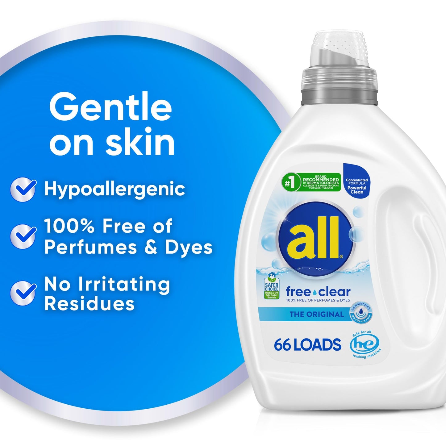 all free clear, Original, Liquid Laundry Detergent for Sensitive Skin, Unscented and Hypoallergenic, Concentrated, 50oz, 66 Loads