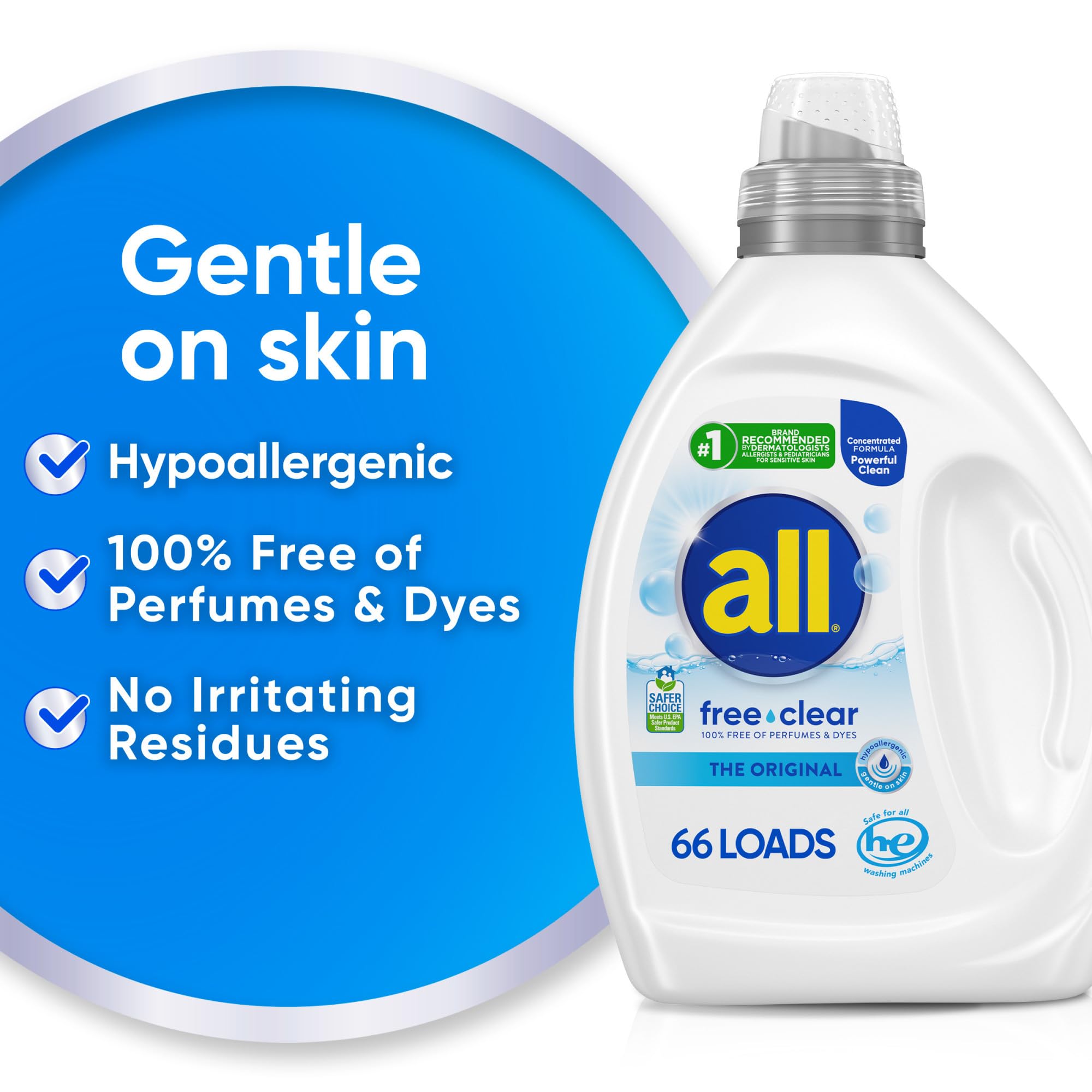 all free clear, Original, Liquid Laundry Detergent for Sensitive Skin, Unscented and Hypoallergenic, Concentrated, 50oz, 66 Loads