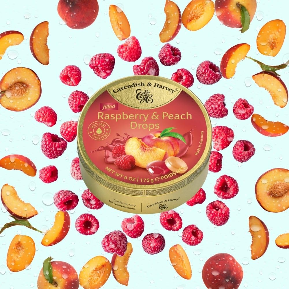 Cavendish & Harvey | Raspberry & Peach Filled Hard Candy Drops | 6 Ounce Tin