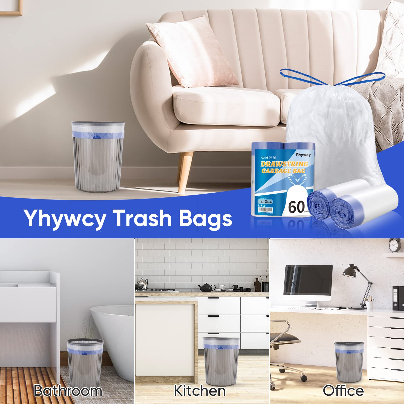 Trash Bag 8 Gallon Medium Drawstring Garbage Bags for 8 Gallon Trash Cans, Kitchen Bedroom Bathroom Living room Office Restaurant Thickened Stretchy