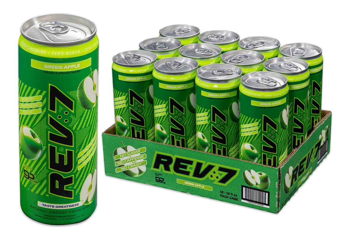 REV7 Anti-Tired Drink! Caffeine Free, Zero Sugar, Powered by goBHB, Ketones, Green Apple - 12ct