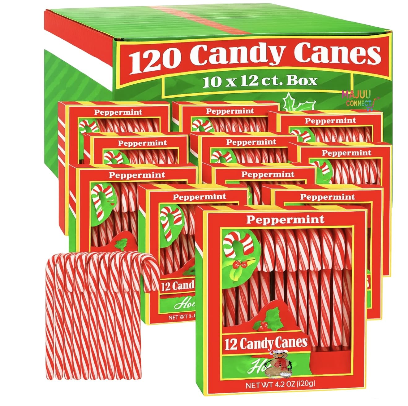 Candy Cane (120 count) Peppermint Flavored | Red & White Stripes Individually Wrapped |BULK | (10 Boxes (12ct) 120 Total)