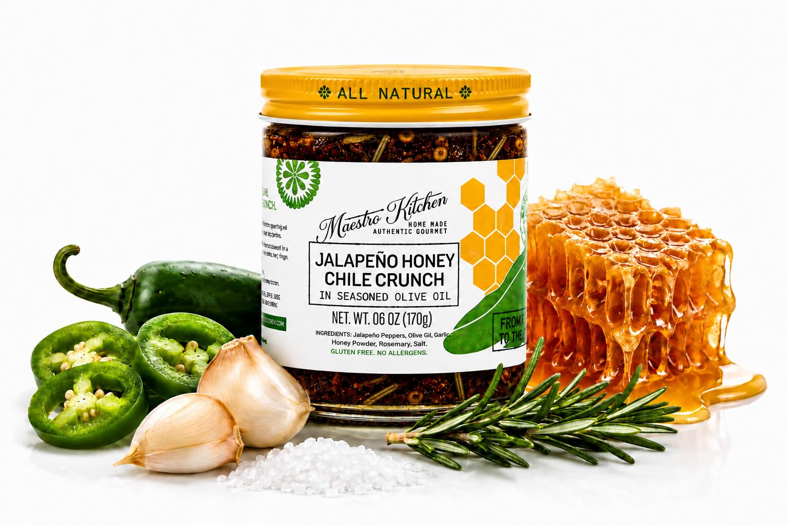 Maestro Kitchen Jalapeño Honey Chile Crunch - Mild Sweet & Spicy Chili Crunch with Olive Oil, Garlic & Rosemary - Crunchy Mexican Chili Oil & Topping