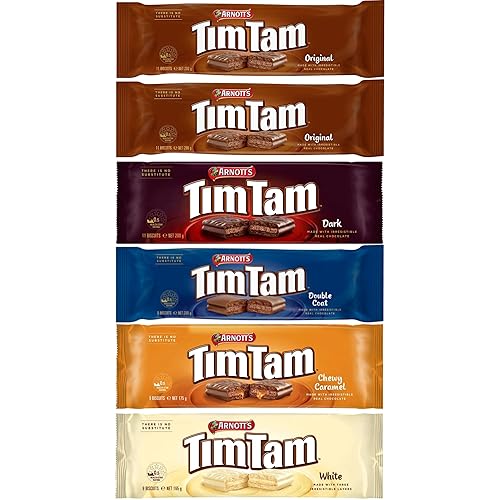 Arnott’s Tim Tam Chocolate Biscuits - 6-Pack Assortment: 2 Original, 1 Dark, 1 Double Coat, 1 Chewy Caramel, 1 White - Made in Australia