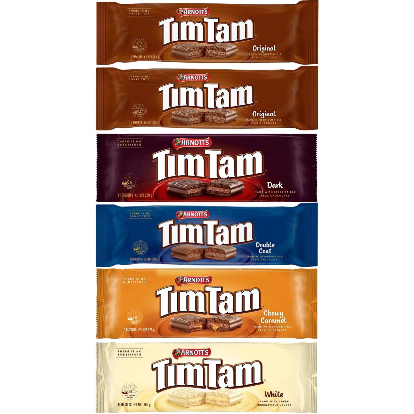 Arnott’s Tim Tam Chocolate Biscuits - 6-Pack Assortment: 2 Original, 1 Dark, 1 Double Coat, 1 Chewy Caramel, 1 White - Made in Australia