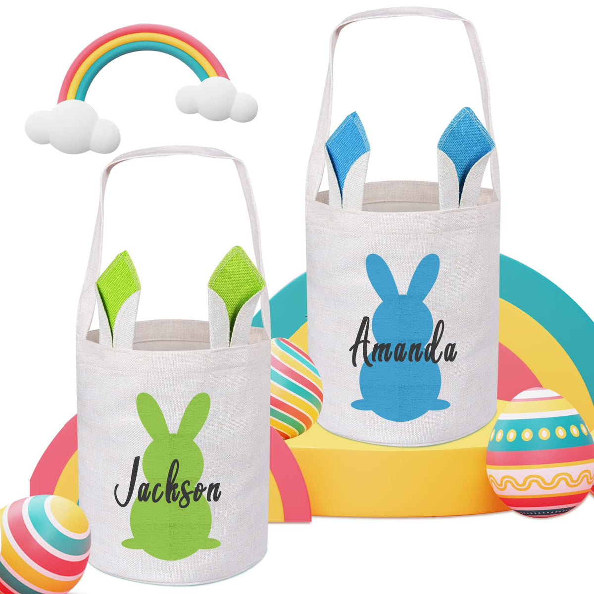 2 Pack Touber Personalized Easter Basket, Easter Bunny Basket with Ears Easter Baskets for Girls Boys Easter Eggs Hunt Baskets for Kids Personalized