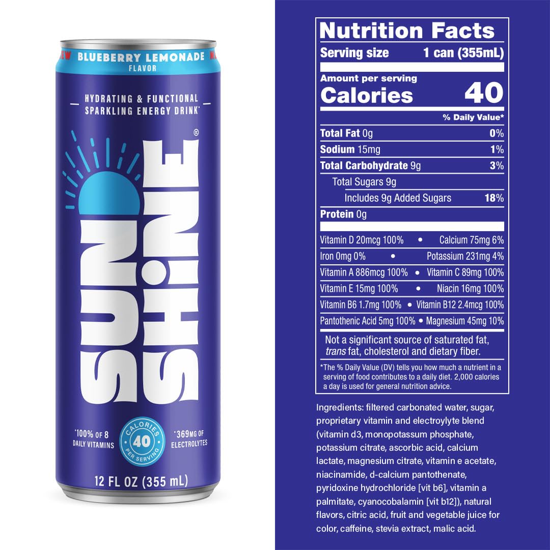 Sunshine Sparkling Energy Drink, Blueberry Lemonade with Daily Essential Vitamins, 360mg of Electrolytes, 70mg of Natural Caffeine, 12 Fl Oz (Pack