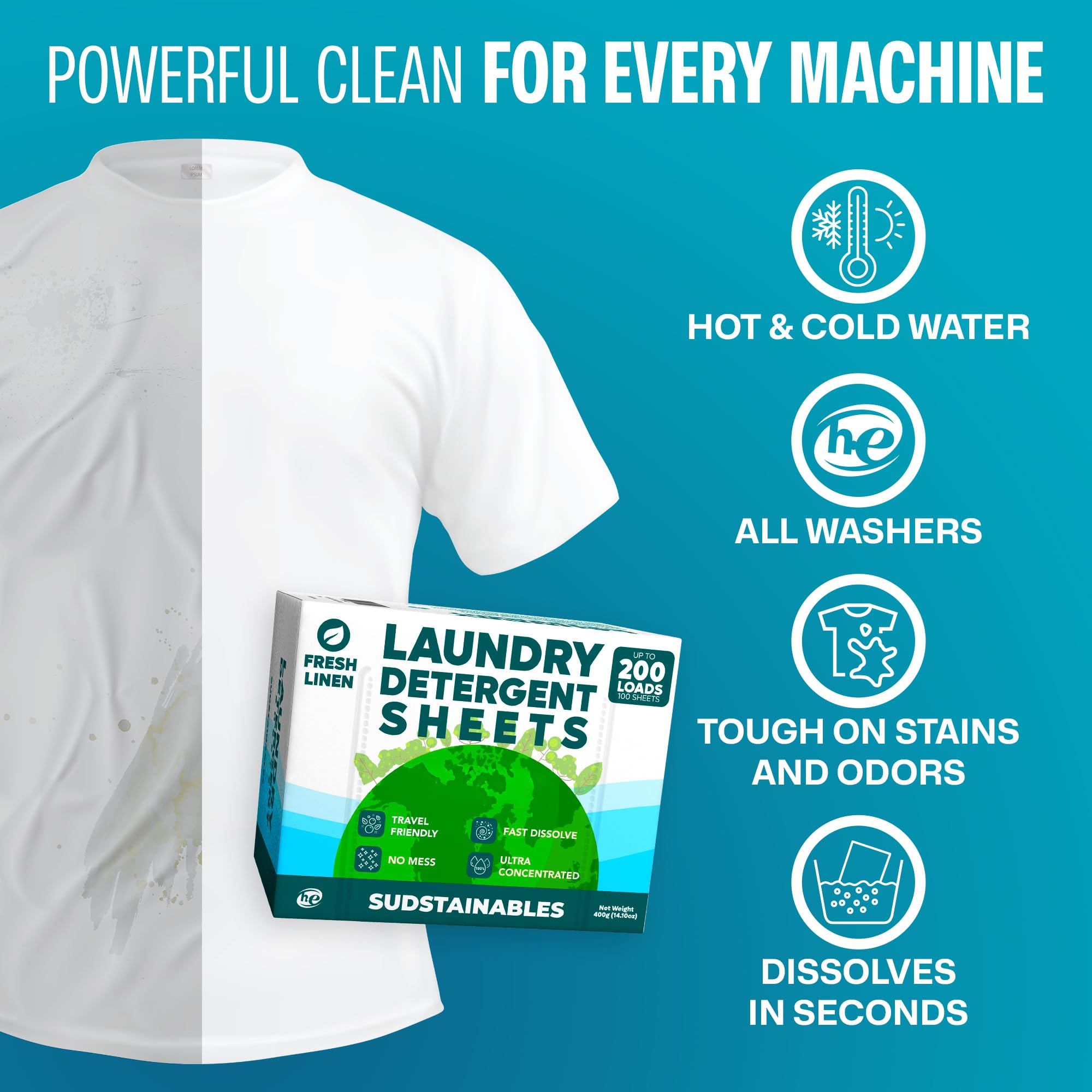 Sudstainables Laundry Detergent Sheets 200 Loads - Dissolvable Laundry Sheet for Washing Machines, Compact Alternative to Liquid & Powder Detergent