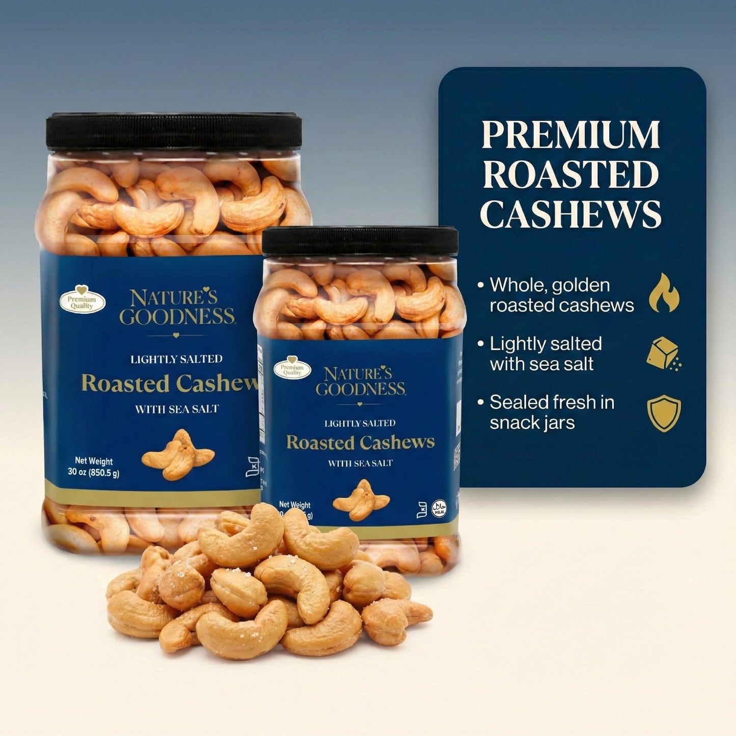 Nature’s Goodness Whole Roasted Cashew Nuts - Lightly Salted with Sea Salt, 30 oz Bulk Jar (1.87 lbs) - No Oil Added, Keto Friendly, Plant-Based