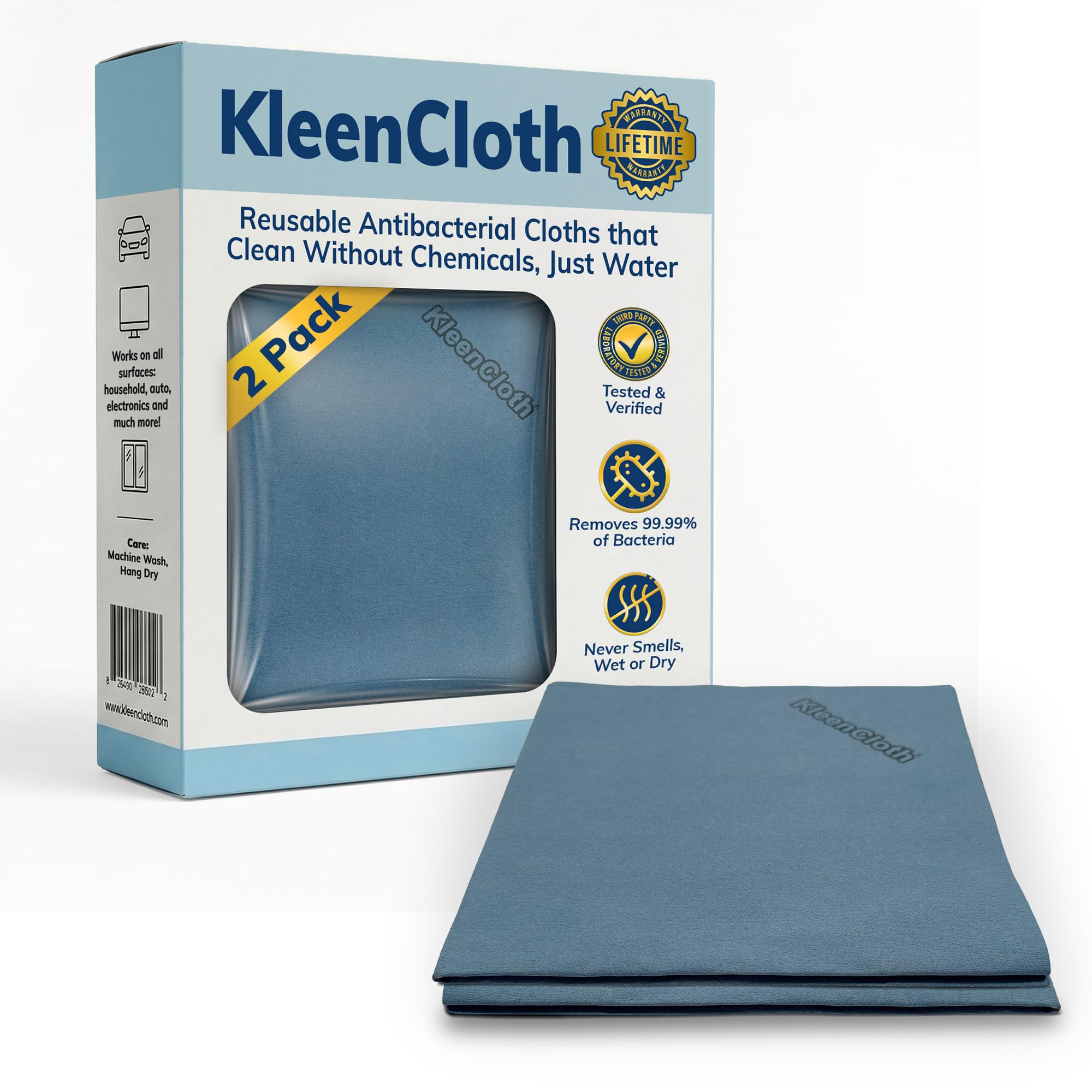 KleenCloth Reusable Antibacterial Cleaning Cloths - Removes 99.99% of Bacteria with Just Water | Silver-Embedded, Chemical, Odor, Streak